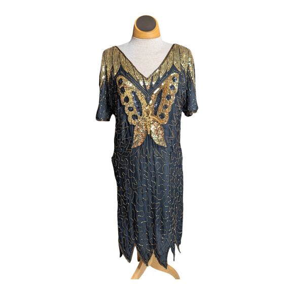 Vtg 1980s Black 100% Silk Gold Butterfly Sequin Embellished Sheath Dress Sz M - Picture 2 of 6